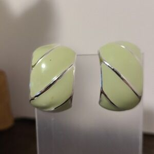Enamel Hoop Earrings Light Green Silver Tone Modernist Minimalist